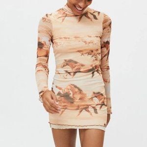 NWT Urban Outfitters Tan Horse Print Alessia Mock Neck Mesh Mini Dress